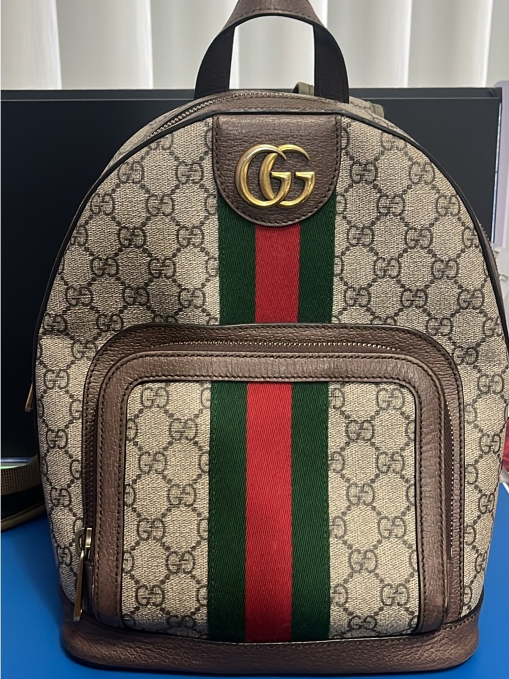Gucci Beige GG Supreme Backpack with Green and Red Web